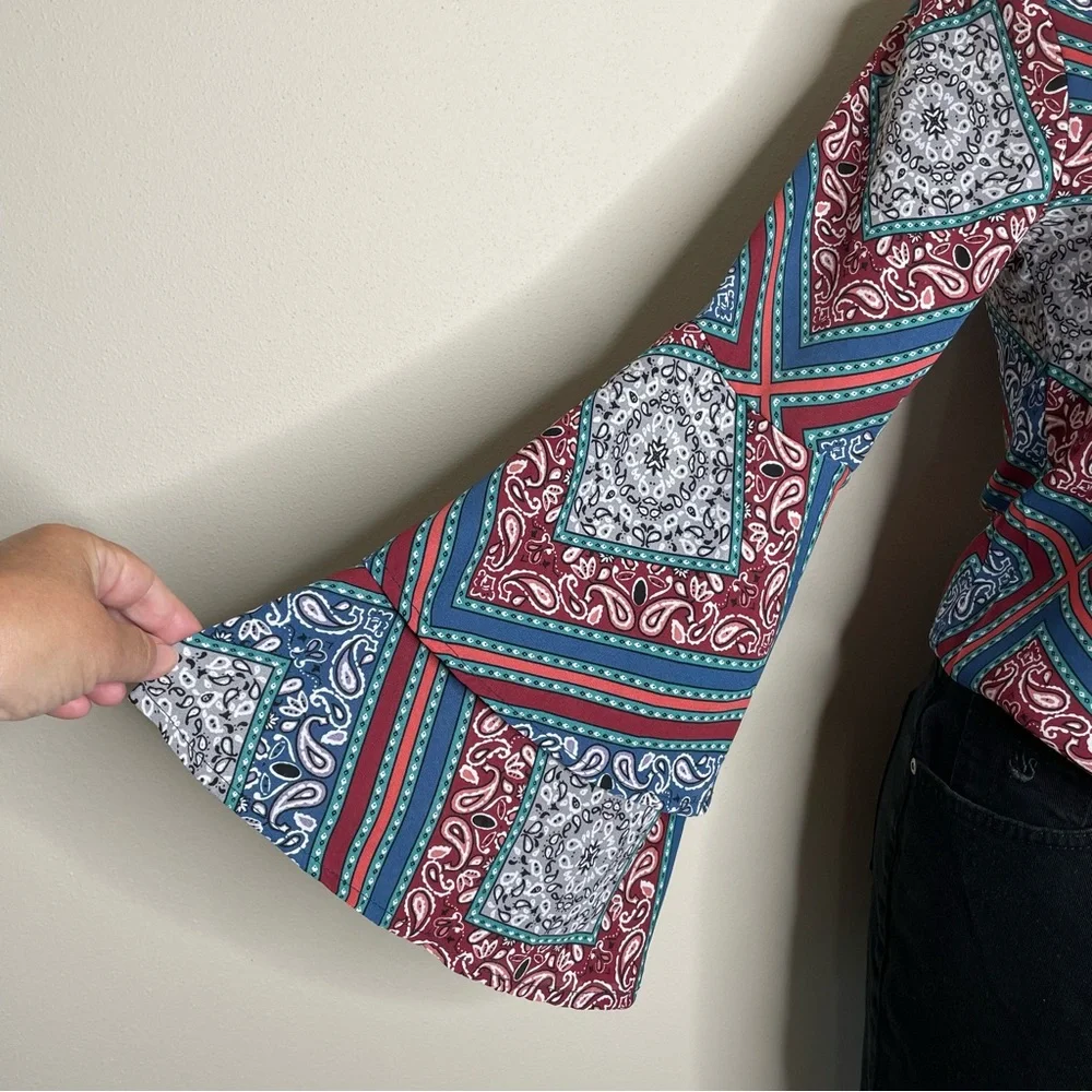 Altar'd State Blue/Multicolor Print Bohemian Blouse w/Bell Sleeves and Tie Front - Picture 2 of 8